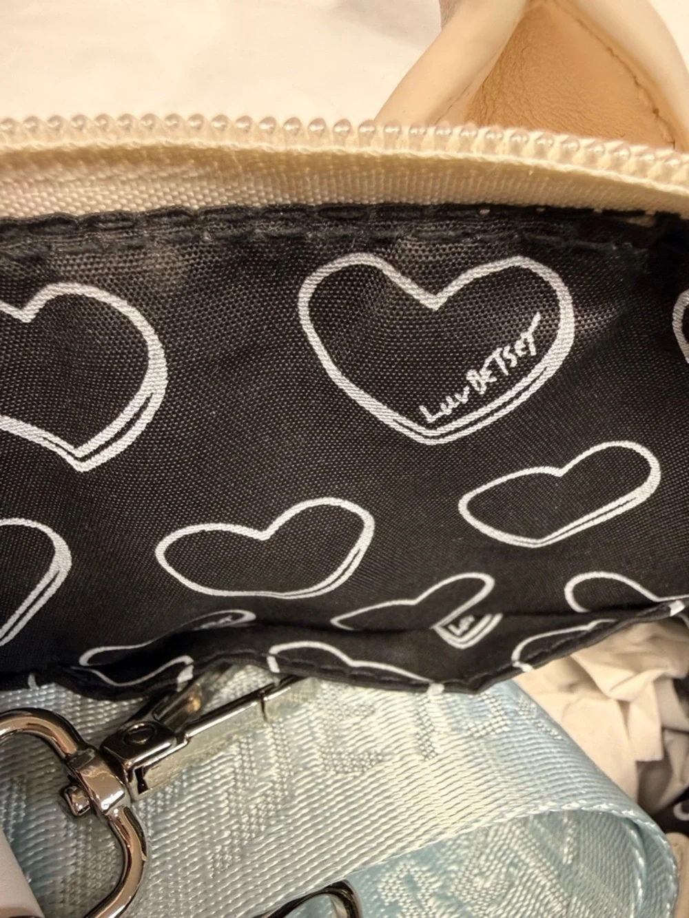 Betsey Johnson White Butterfly Print Satchel Bag with Heart Charm NWT